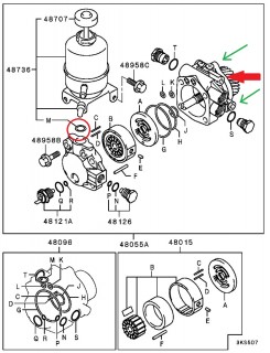 Green arrows - back bolts<br /><br />Red arrow - back large O-ring<br /><br />Red circle - reservoir O-ring