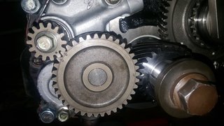 Left - Balance shaft Center - Oil Pump - right - main crank gear
